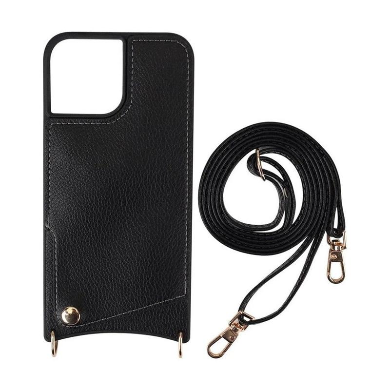 Leather Back Phone Case with Strap for iPhone 15 - Black