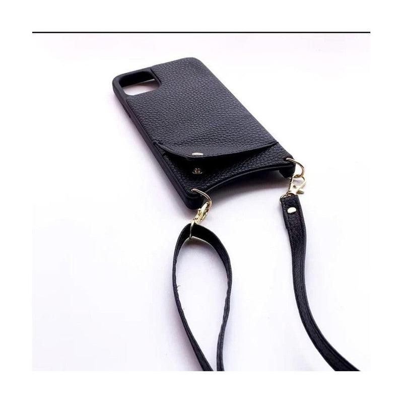 Leather Back Phone Case with Strap for iPhone 15 - Black