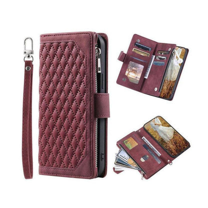 Zipper Wallet Mobile Phone Case for Apple iPhone 13 Mini with Wrist Strap - Wine