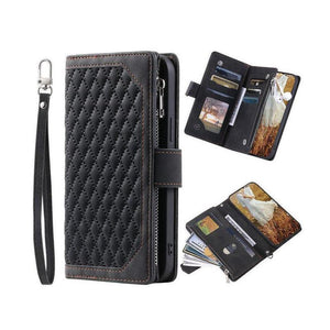 Zipper Wallet Mobile Phone Case for Apple iPhone 13 Pro Max with Wrist Strap - Black