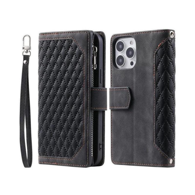 Zipper Wallet Mobile Phone Case for Apple iPhone 13 Pro Max with Wrist Strap - Black
