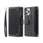 Zipper Wallet Mobile Phone Case for Apple iPhone 13 Pro Max with Wrist Strap - Black
