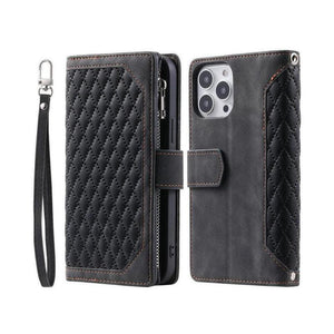 Zipper Wallet Mobile Phone Case for Apple iPhone 13 Pro Max with Wrist Strap - Black