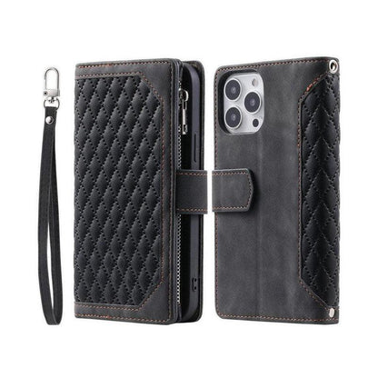 Zipper Wallet Mobile Phone Case for Apple iPhone 13 Pro Max with Wrist Strap - Black
