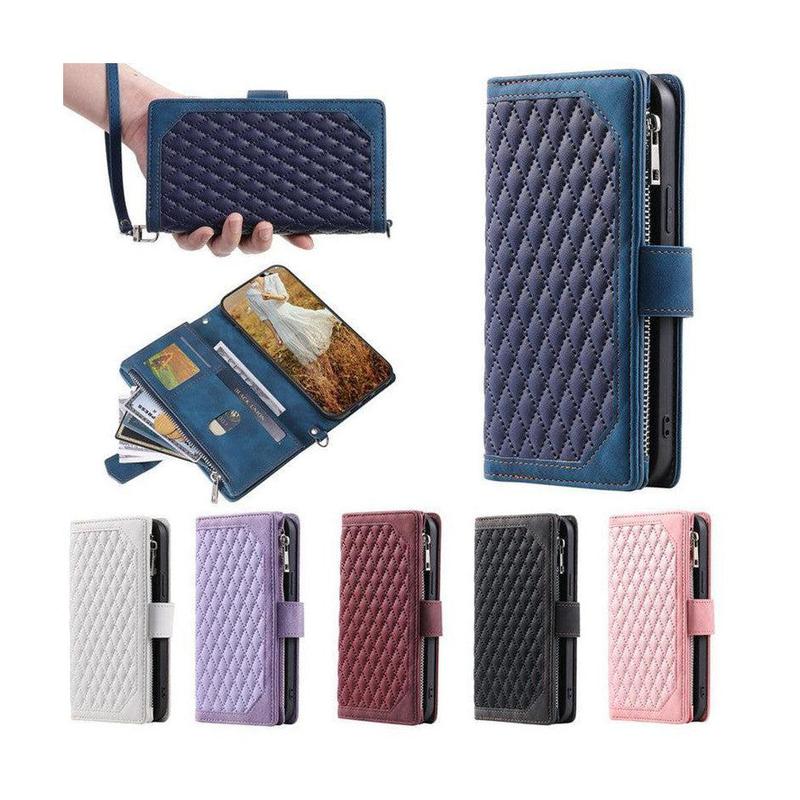 Zipper Wallet Mobile Phone Case for Apple iPhone 13 Pro Max with Wrist Strap - Wine
