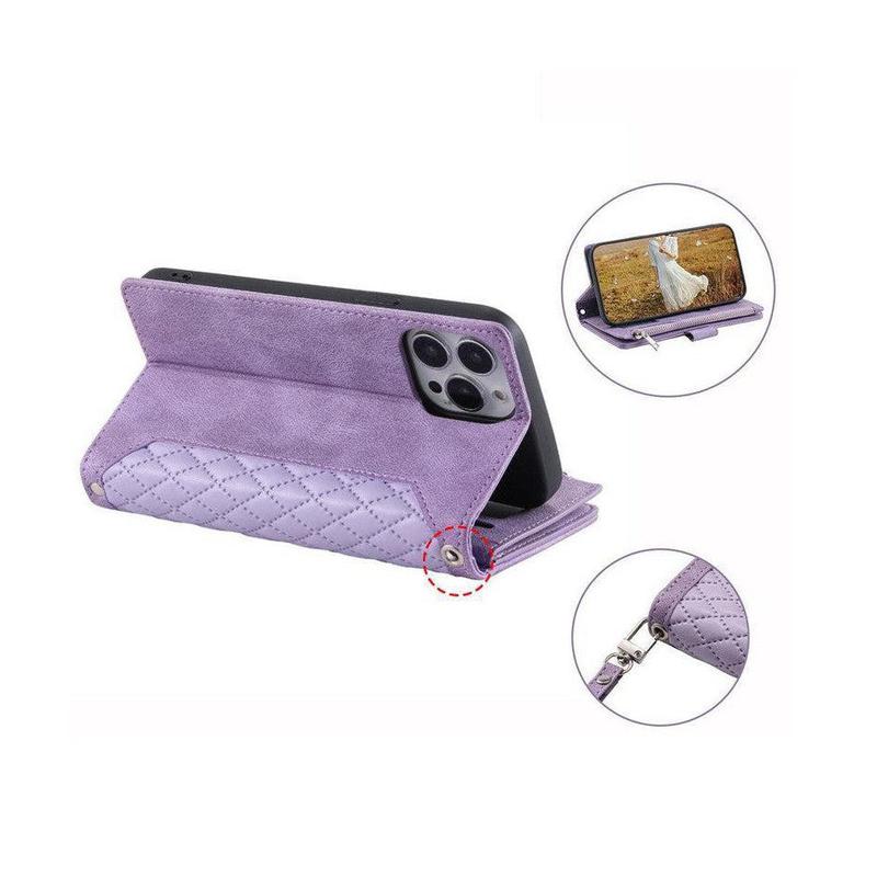 Zipper Wallet Mobile Phone Case for Apple iPhone 13 Pro Max with Wrist Strap - Wine
