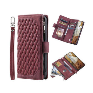 Zipper Wallet Mobile Phone Case for Apple iPhone 13 Pro Max with Wrist Strap - Wine