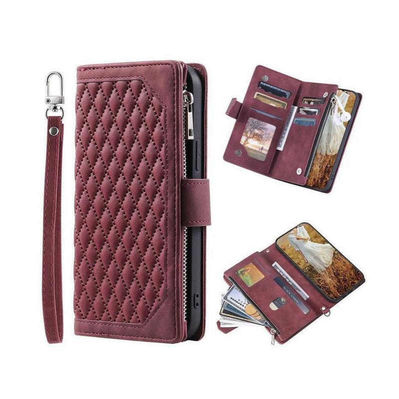 Zipper Wallet Mobile Phone Case for Samsung Galaxy S22 Ultra with Wrist Strap - Wine