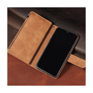 Zipper Wallet Mobile Phone Case for iPhone 13 Pro Max with Wrist Strap Brown